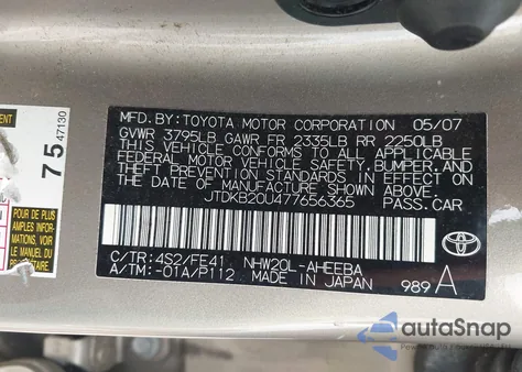 2007 Toyota Prius из США, поврежденный, VIN JTDKB20U477656365